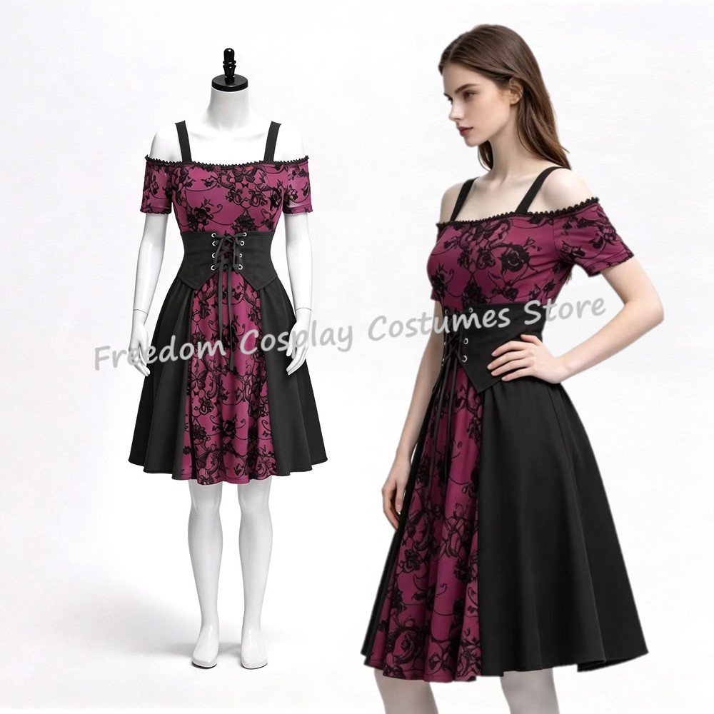 Medieval Renaissance Dress Women - Robe Courte Gothique Punk Médiévale Rouge